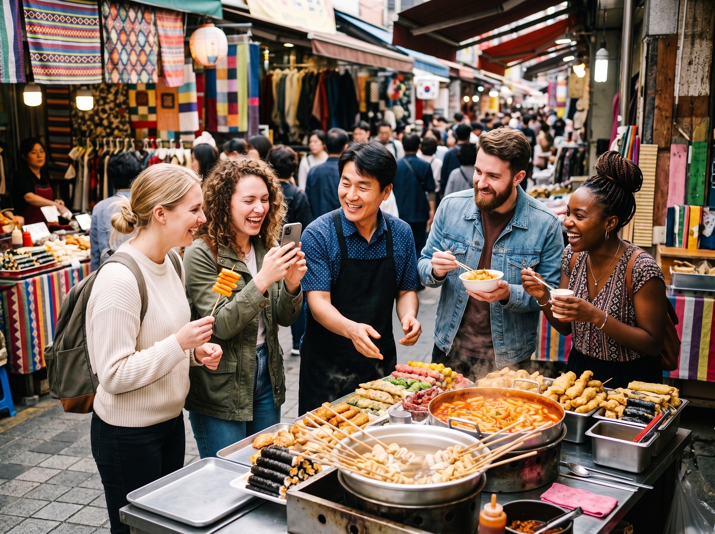 A guide and travelers enjoying Korean street food together at a market
